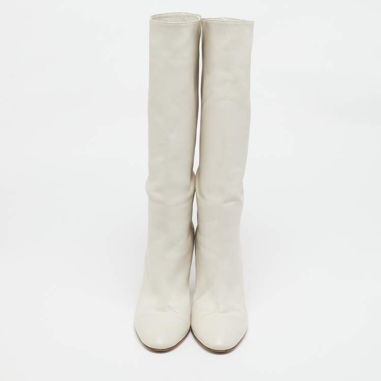 Pre Owned Gianvito Rossi Off White Leather Calf Length Boots Size 39