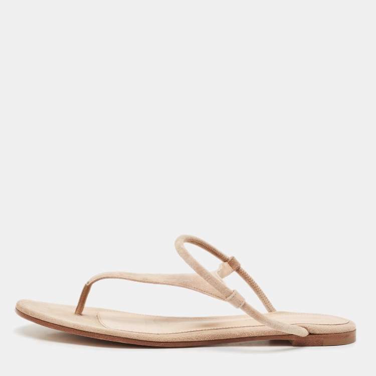 Pre Owned Gianvito Rossi Beige Suede Thong Flat Sandals Size 37.5