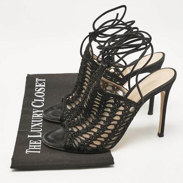 Pre Owned Gianvito Rossi Black Crochet and Suede Ankle Wrap Mules Size 37.5