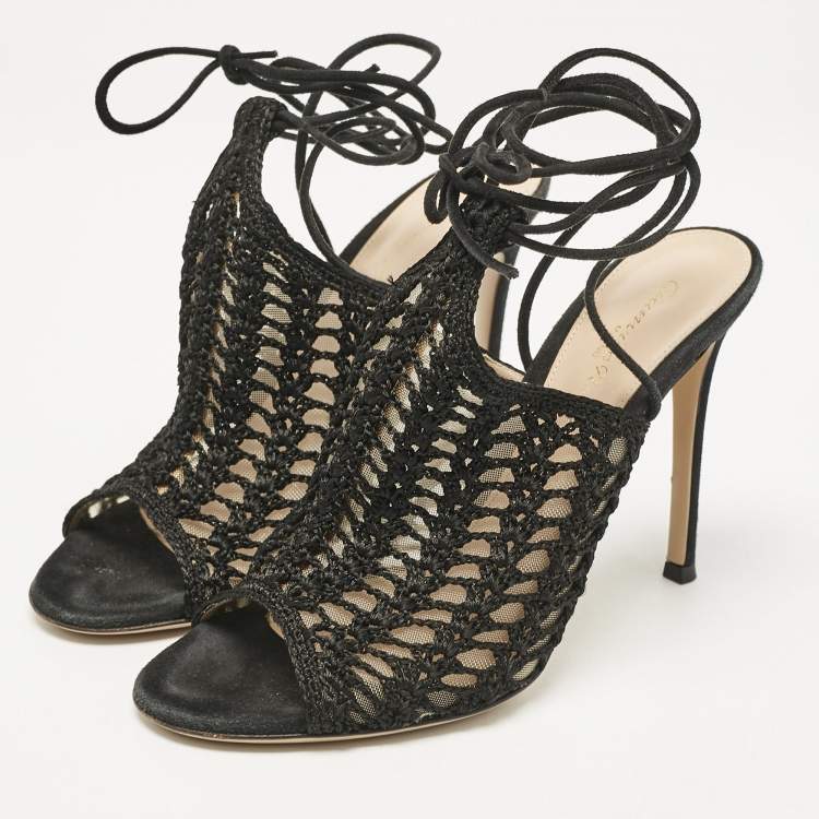 Pre Owned Gianvito Rossi Black Crochet and Suede Ankle Wrap Mules Size 37.5