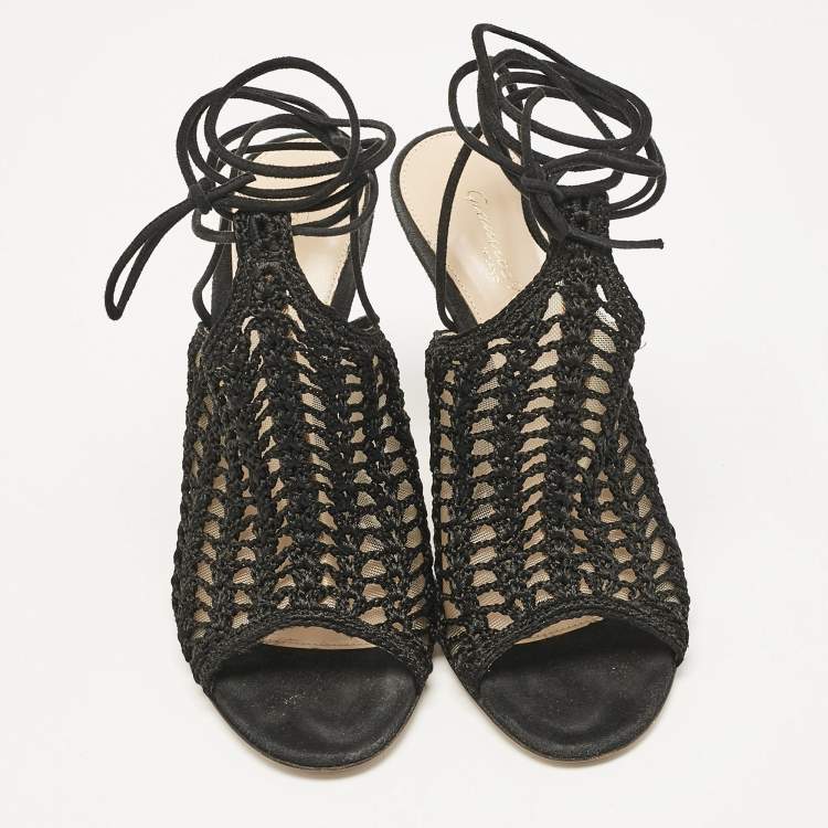 Pre Owned Gianvito Rossi Black Crochet and Suede Ankle Wrap Mules Size 37.5