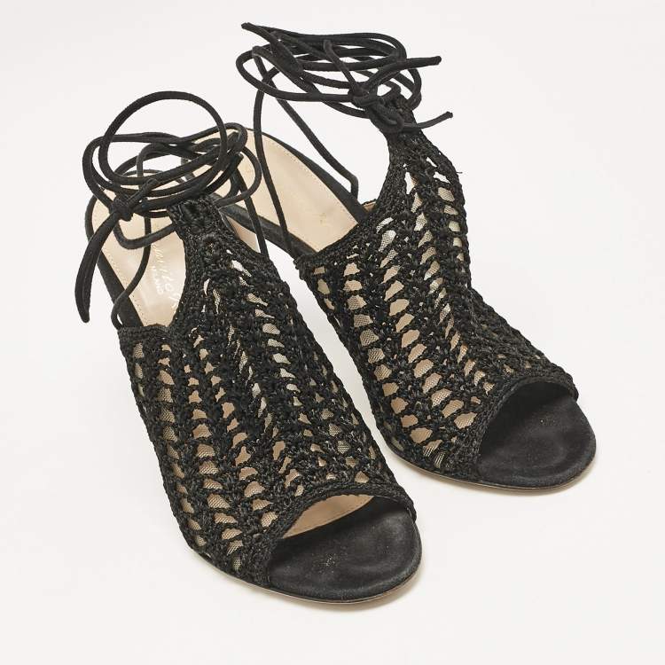 Pre Owned Gianvito Rossi Black Crochet and Suede Ankle Wrap Mules Size 37.5