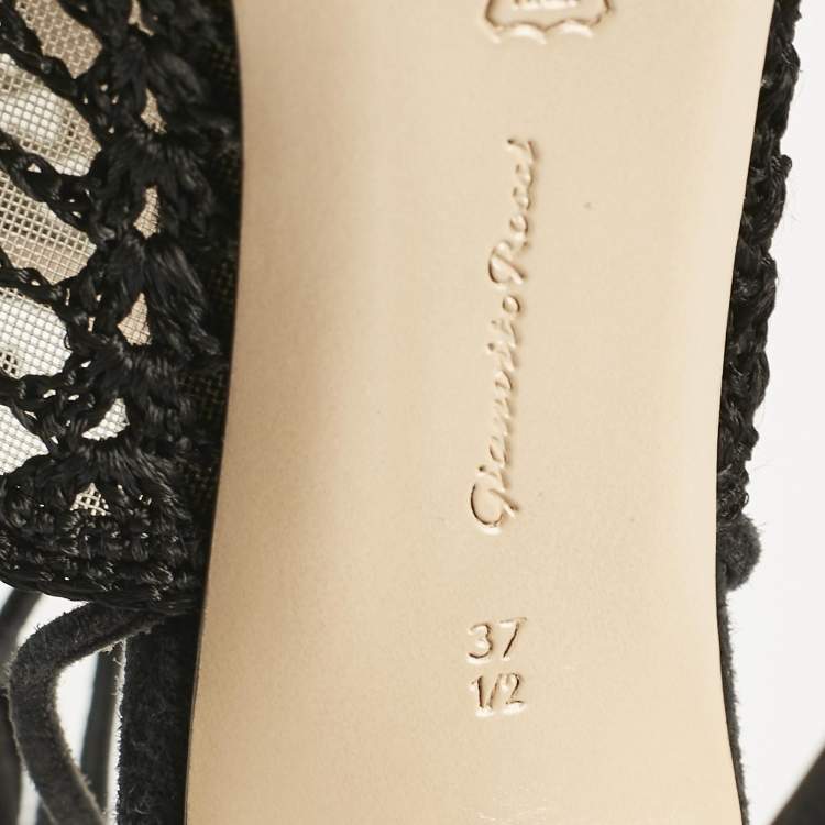 Pre Owned Gianvito Rossi Black Crochet and Suede Ankle Wrap Mules Size 37.5