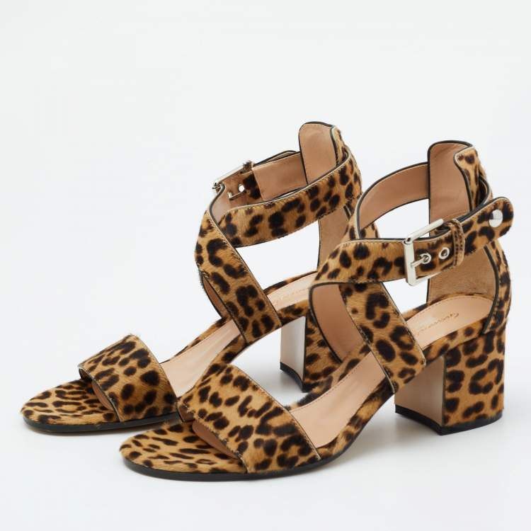 Pre Owned Gianvito Rossi Brown Leopard Print Calf Hair Ankle Strap Sandals Size 37