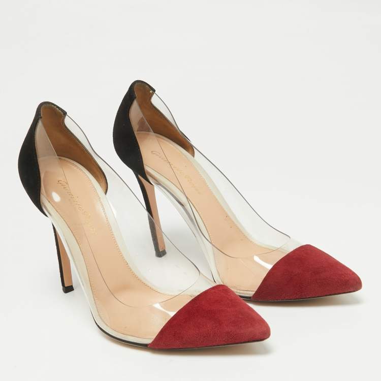 Pre Owned Gianvito Rossi Burgundy/Black Suede and PVC Plexi Pointed Toe Pumps Size 38