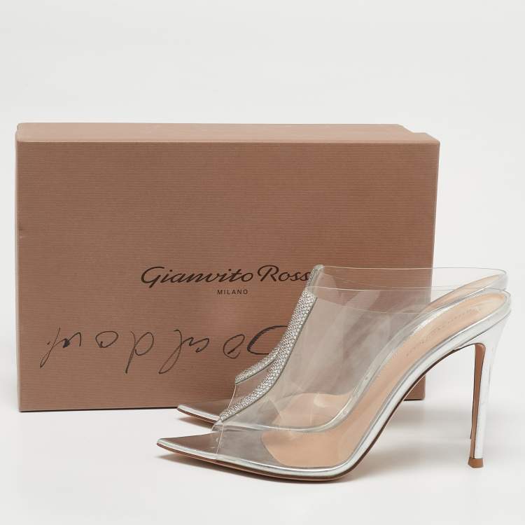 Pre Owned Gianvito Rossi Transparent PVC Crystal Embellished Sigma Mules Size 40