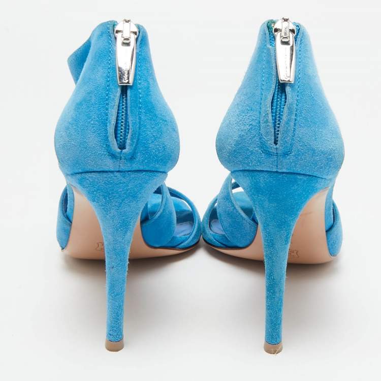 Pre Owned Gianvito Rossi Blue Suede Cut Out Ankle Strap Sandals Size 38.5