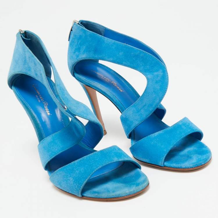 Pre Owned Gianvito Rossi Blue Suede Cut Out Ankle Strap Sandals Size 38.5