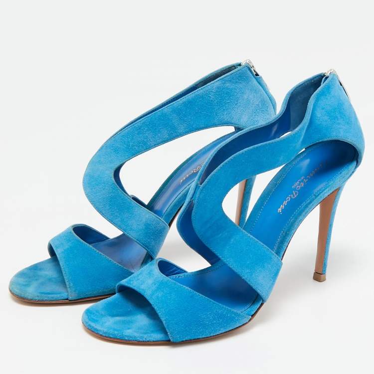 Pre Owned Gianvito Rossi Blue Suede Cut Out Ankle Strap Sandals Size 38.5