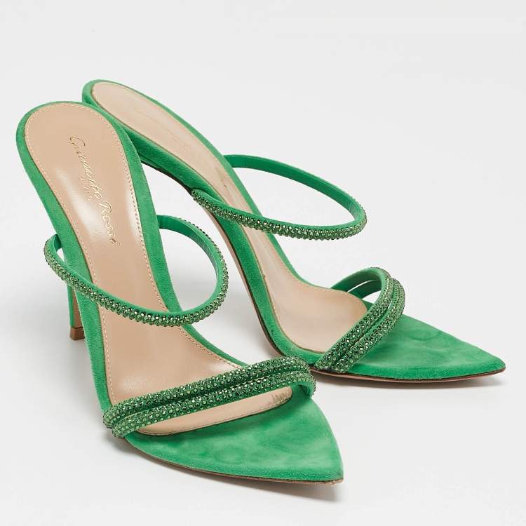 Pre Owned Gianvito Rossi Green Crystal Embellished Suede Cannes Sandals Size 36