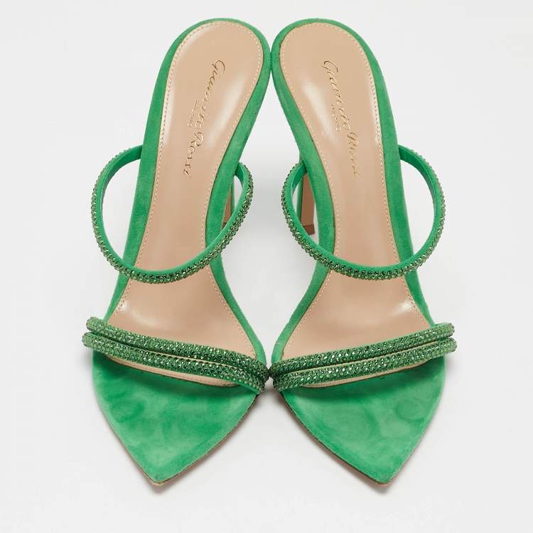Pre Owned Gianvito Rossi Green Crystal Embellished Suede Cannes Sandals Size 36