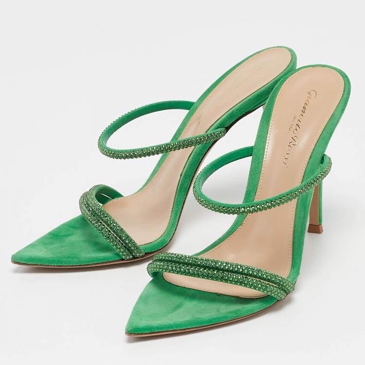 Pre Owned Gianvito Rossi Green Crystal Embellished Suede Cannes Sandals Size 36