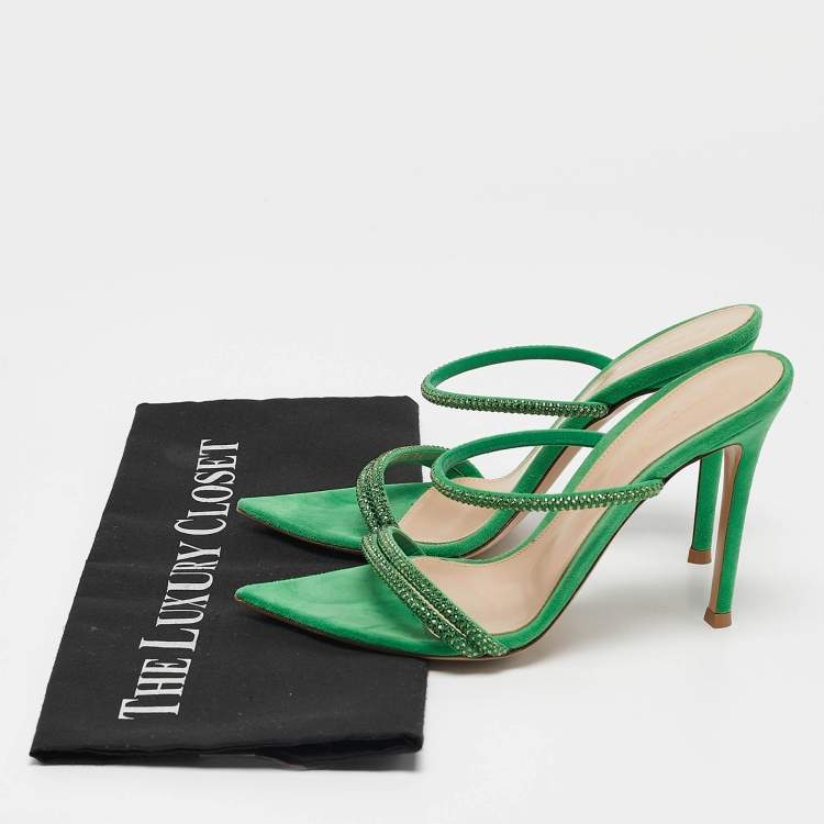 Pre Owned Gianvito Rossi Green Crystal Embellished Suede Cannes Sandals Size 36