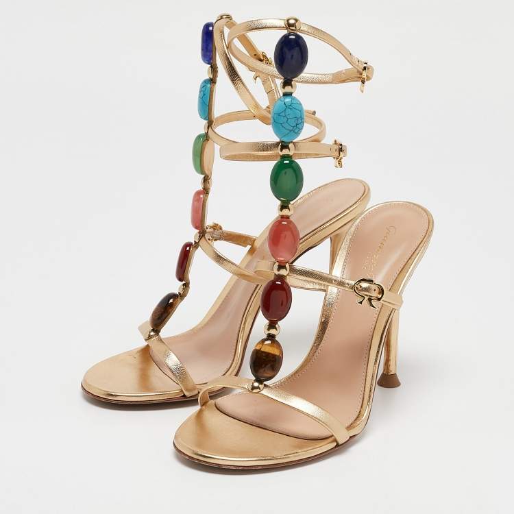 Pre Owned Gianvito Rossi Gold Leather Shanti Ankle Strap Sandals Size 36