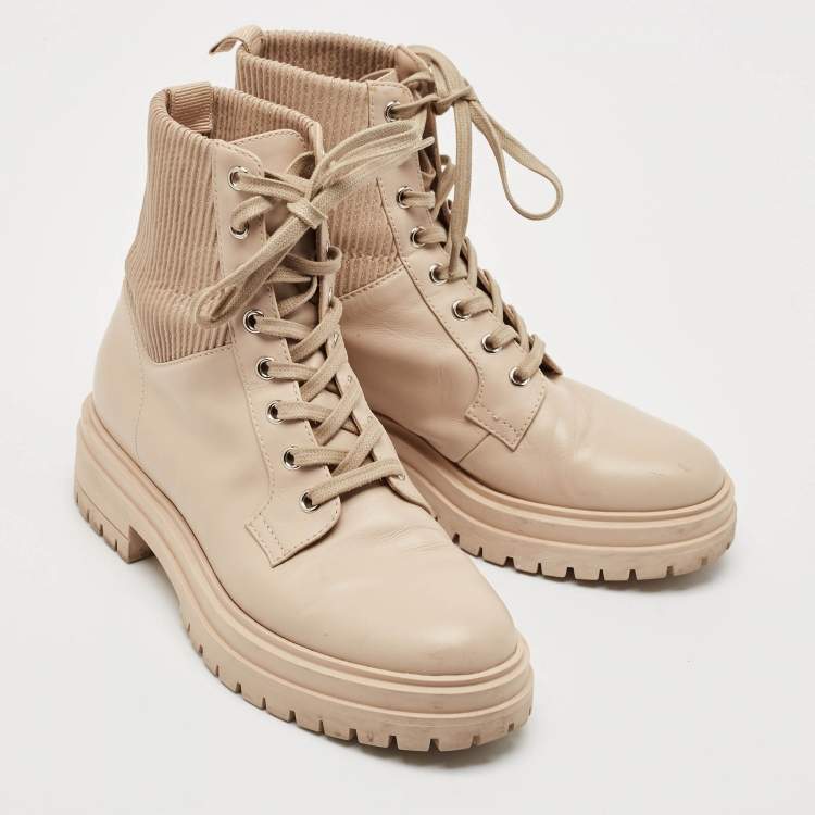 Pre Owned Gianvito Rossi Beige Leather Martis Combat Boots Size 38