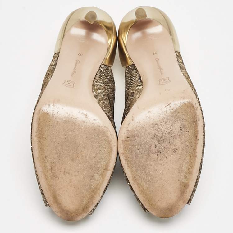 Pre Owned Gianvito Rossi Silver/Gold  Glitter and Leather Peep Toe Pumps Size 37