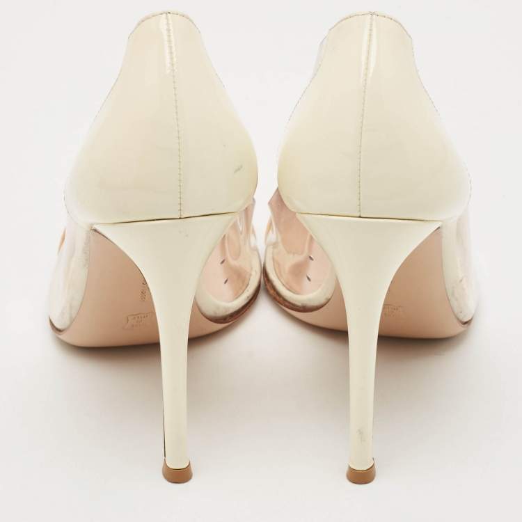 Pre Owned Gianvito Rossi Beige/White Patent Leather and PVC Plexi Pointed Toe Pumps Size 37
