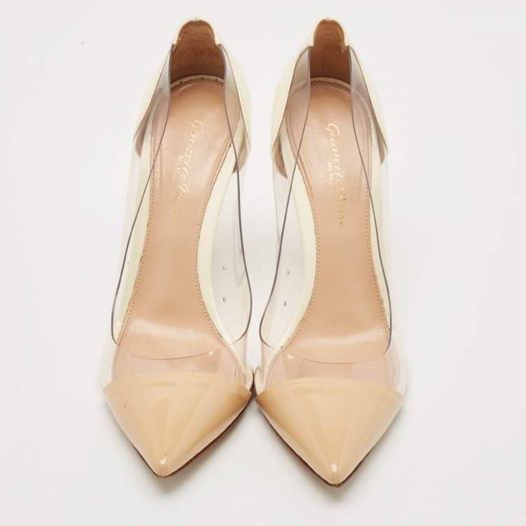 Pre Owned Gianvito Rossi Beige/White Patent Leather and PVC Plexi Pointed Toe Pumps Size 37