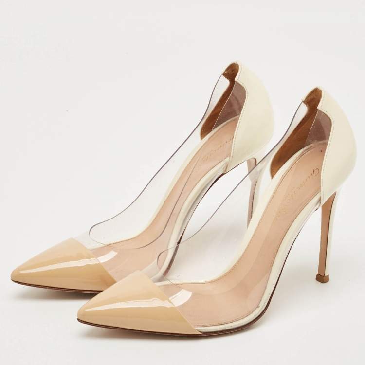 Pre Owned Gianvito Rossi Beige/White Patent Leather and PVC Plexi Pointed Toe Pumps Size 37