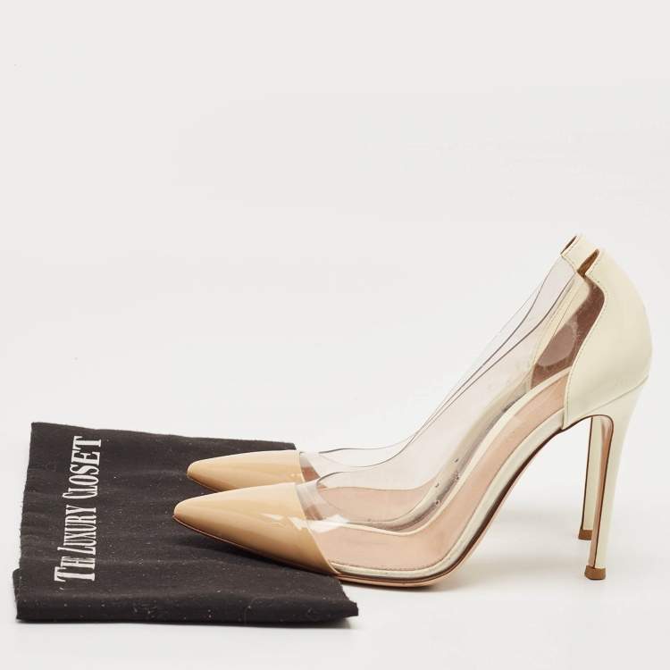 Pre Owned Gianvito Rossi Beige/White Patent Leather and PVC Plexi Pointed Toe Pumps Size 37