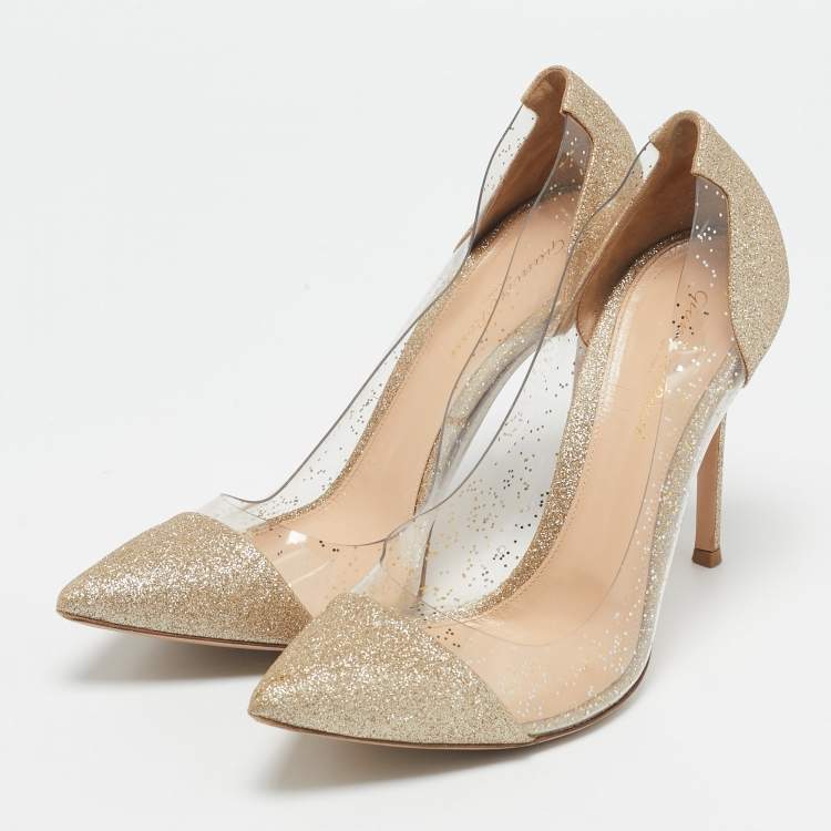 Pre Owned Gianvito Rossi Gold/Transparent Glitter and PVC Plexi Pumps Size 41