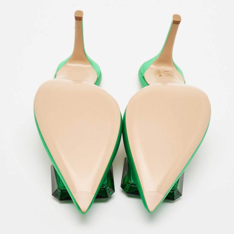 Pre Owned Gianvito Rossi Green Satin Jaipur Crystal Pointed Toe Mules Size 39
