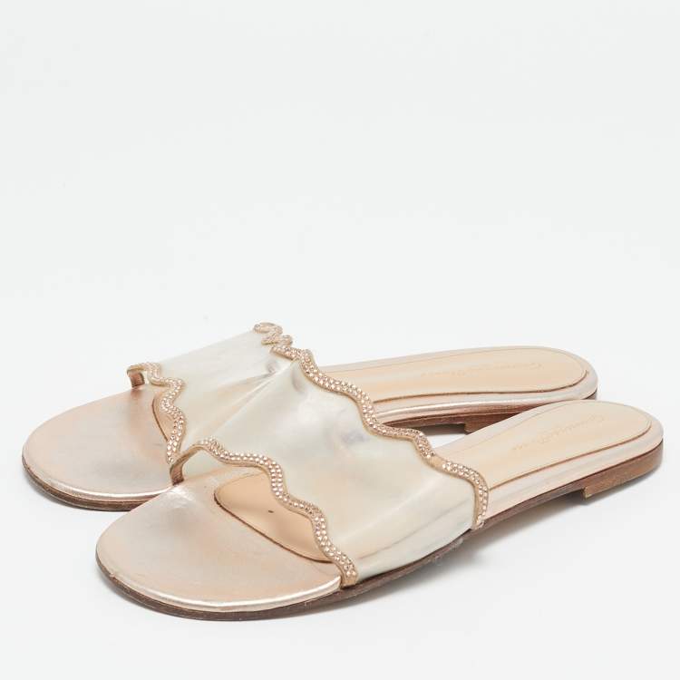 Pre Owned Gianvito Rossi Gold/Transparent Leather and PVC Crystal Embellished Flat Sandals Size 40