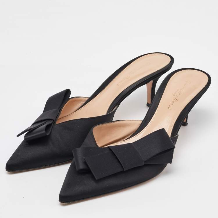Pre Owned Gianvito Rossi Black Satin Kyoto Bow Pointed Toe Mules Size 40