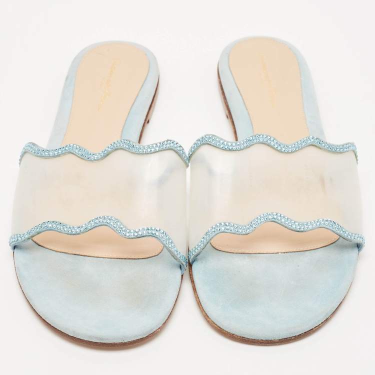 Pre Owned Gianvito Rossi Blue PVC and Suede Wavy Flat Sandals Size 40