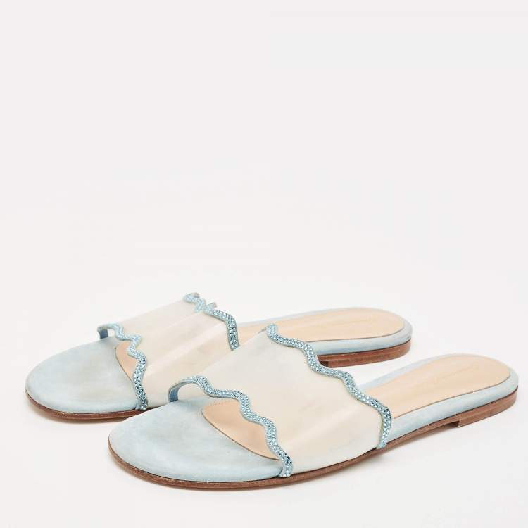 Pre Owned Gianvito Rossi Blue PVC and Suede Wavy Flat Sandals Size 40