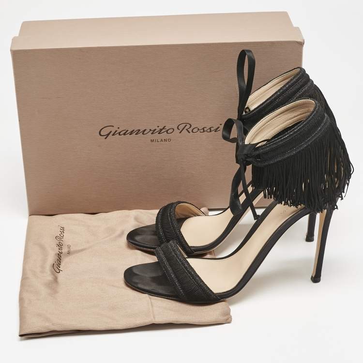 Pre Owned Gianvito Rossi Black Fabric and Satin Fringe Ankle Strap Sandals Size 39.5
