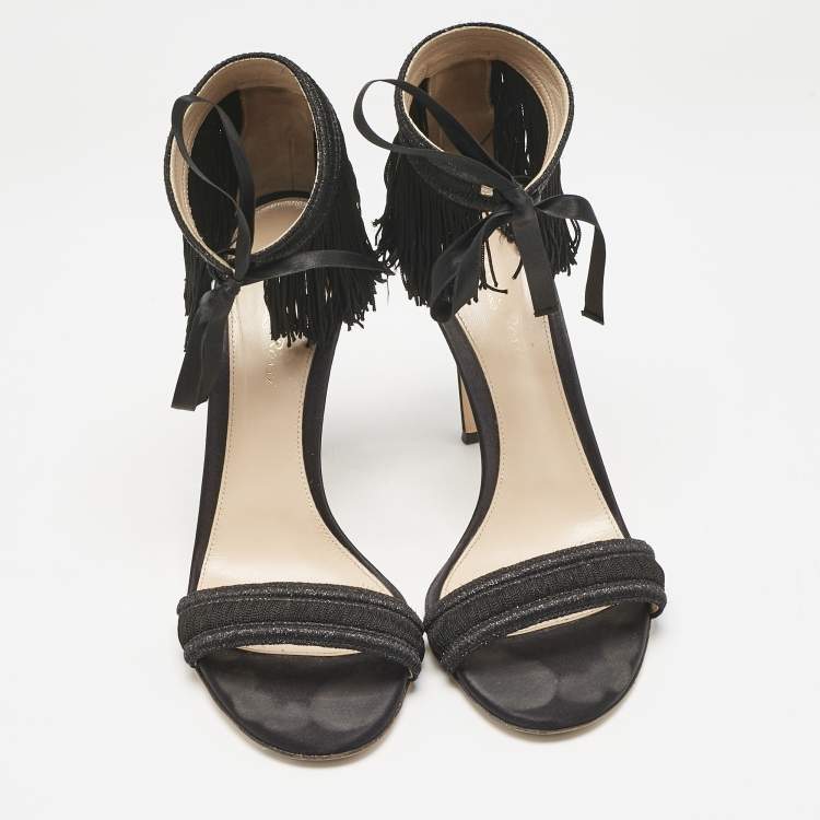 Pre Owned Gianvito Rossi Black Fabric and Satin Fringe Ankle Strap Sandals Size 39.5