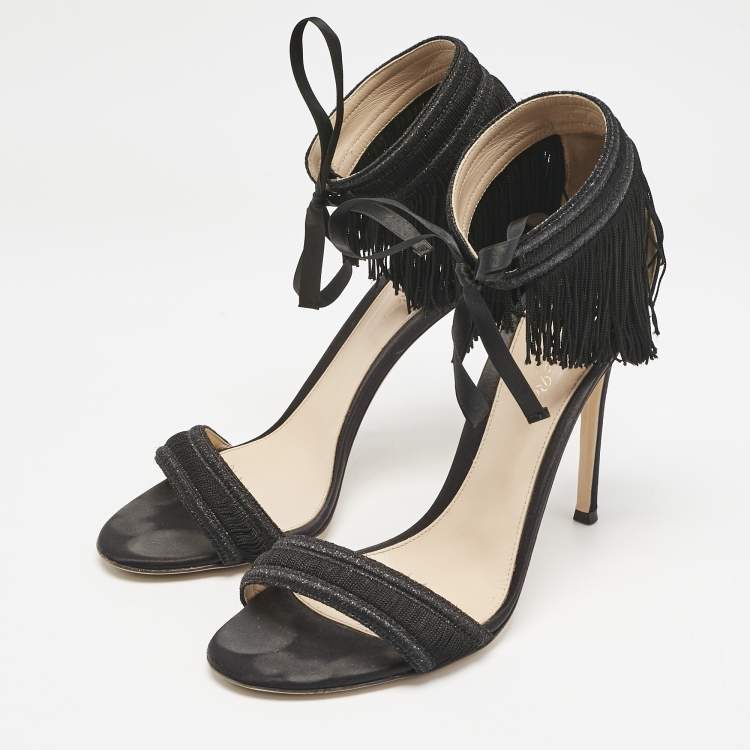 Pre Owned Gianvito Rossi Black Fabric and Satin Fringe Ankle Strap Sandals Size 39.5