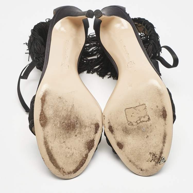 Pre Owned Gianvito Rossi Black Fabric and Satin Fringe Ankle Strap Sandals Size 39.5