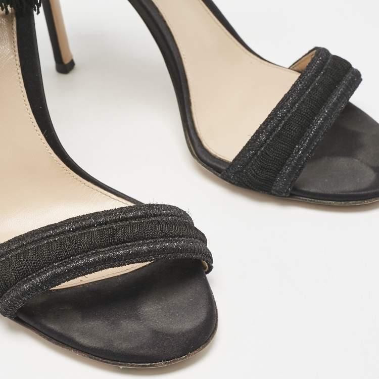 Pre Owned Gianvito Rossi Black Fabric and Satin Fringe Ankle Strap Sandals Size 39.5