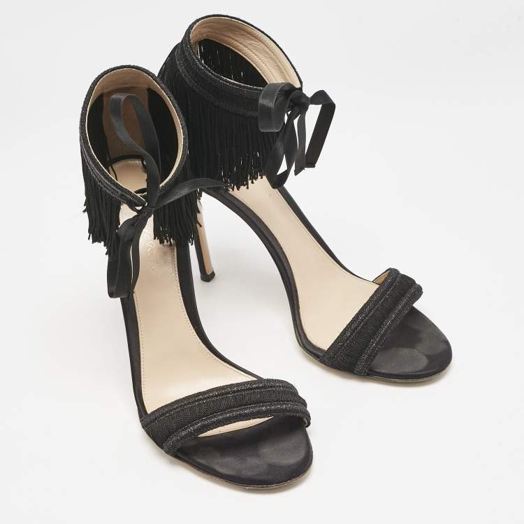 Pre Owned Gianvito Rossi Black Fabric and Satin Fringe Ankle Strap Sandals Size 39.5