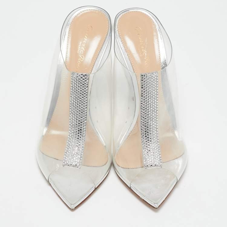 Pre Owned Gianvito Rossi Transparent PVC Crystal Embellished Sigma Mules Size 37