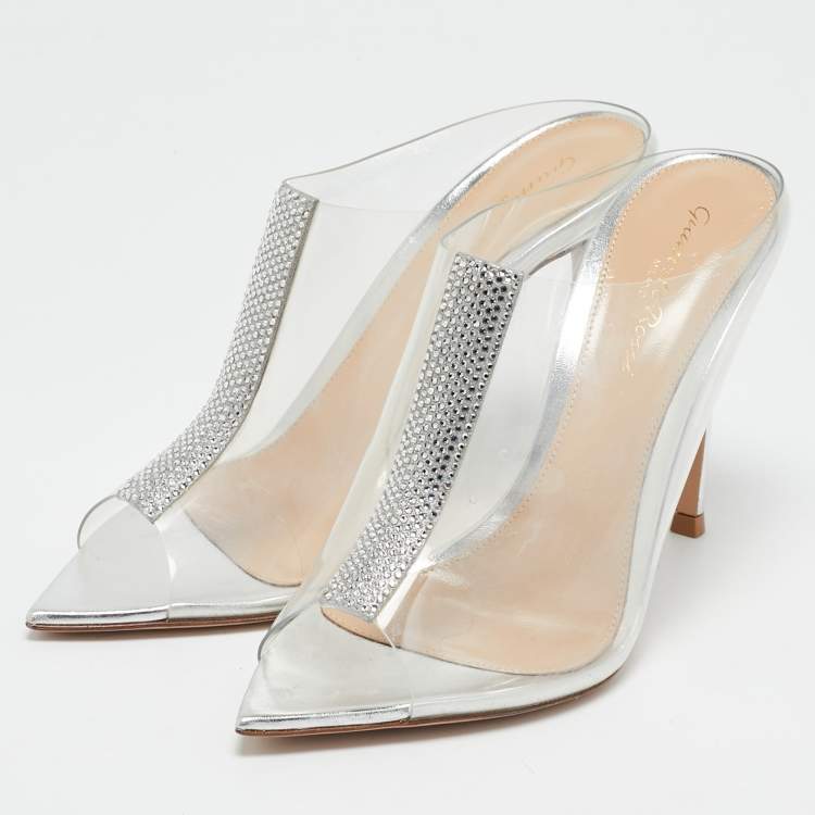 Pre Owned Gianvito Rossi Transparent PVC Crystal Embellished Sigma Mules Size 37