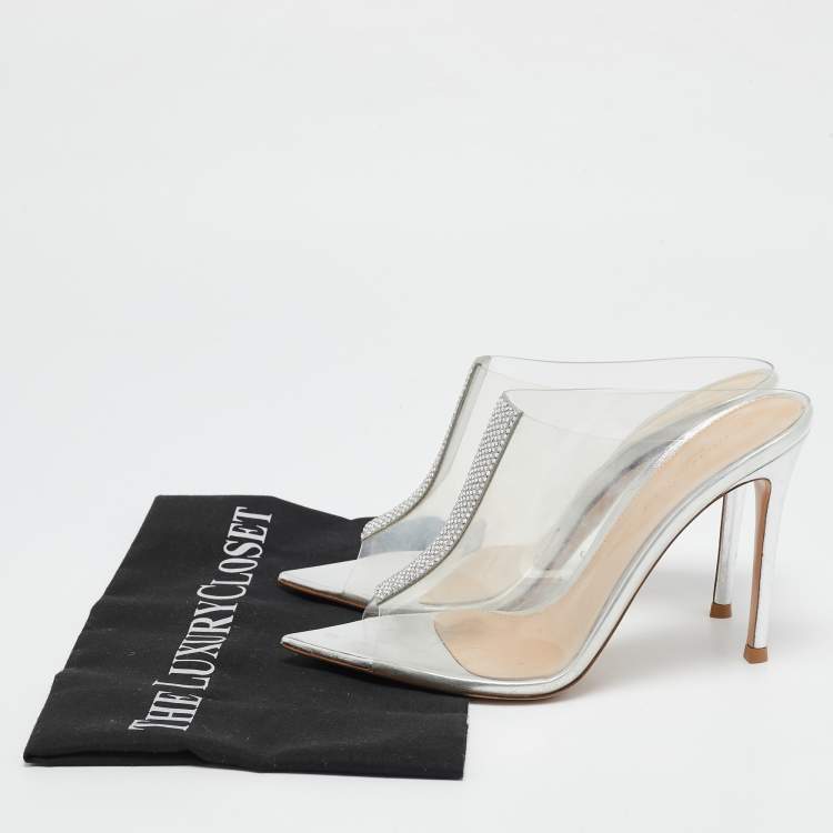 Pre Owned Gianvito Rossi Transparent PVC Crystal Embellished Sigma Mules Size 37