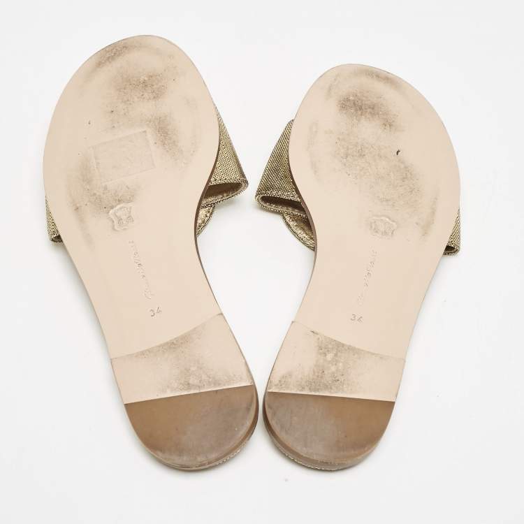 Pre Owned Gianvito Rossi Metallic Gold/Black Suede Buckle Detail Flat Slides Size 34