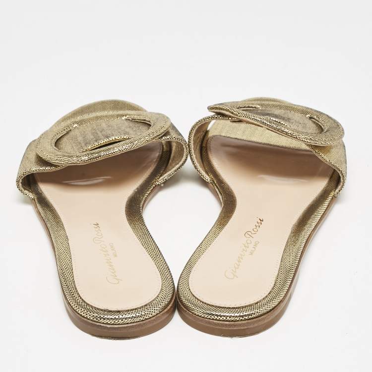 Pre Owned Gianvito Rossi Metallic Gold/Black Suede Buckle Detail Flat Slides Size 34