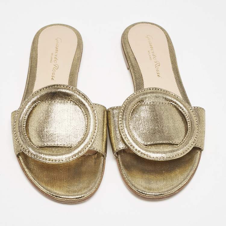 Pre Owned Gianvito Rossi Metallic Gold/Black Suede Buckle Detail Flat Slides Size 34