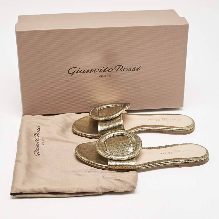 Pre Owned Gianvito Rossi Metallic Gold/Black Suede Buckle Detail Flat Slides Size 34