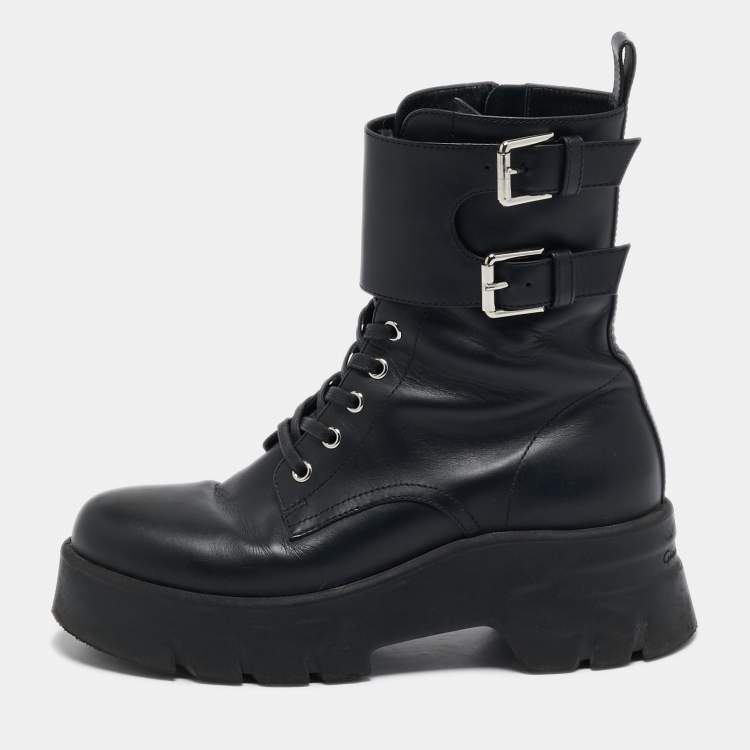 Pre Owned Gianvito Rossi Black Leather Marloe Combat Boots Size 38