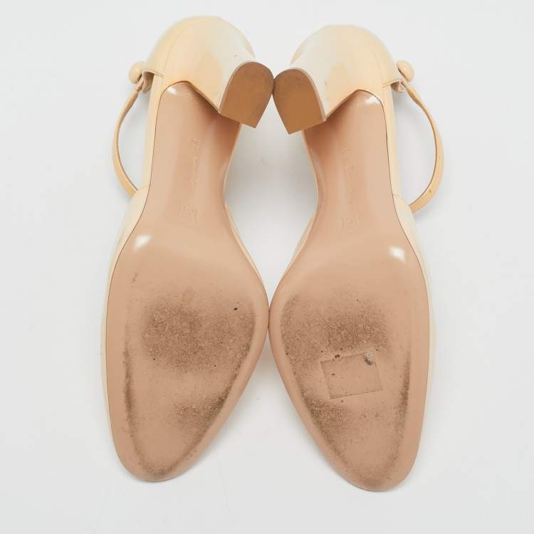 Pre Owned Gianvito Rossi Beige Patent Leather Ankle Strap Block Heel Pumps Size 38.5