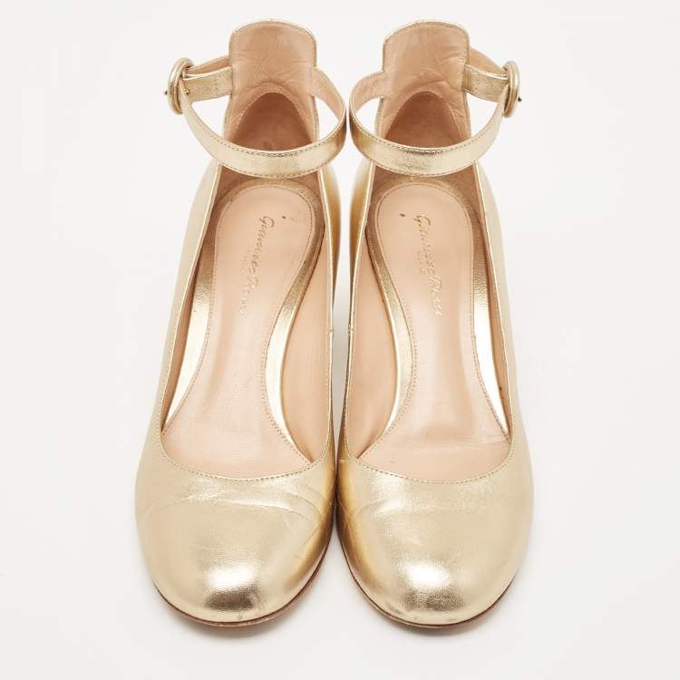 Pre Owned Gianvito Rossi Gold Leather Ankle Strap Block Heel Pumps Size 38.5
