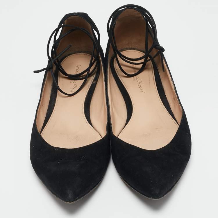 Pre Owned Gianvito Rossi Black Suede Femi Ankle Wrap Pointed Toe Flats Size 38.5