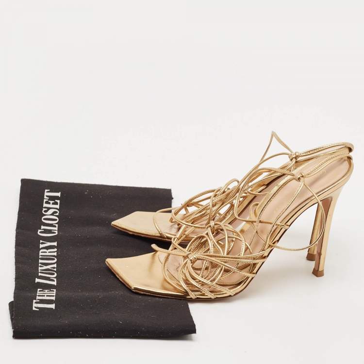 Pre Owned Gianvito Rossi Gold Leather Spice Ankle Wrap Sandals Size 38