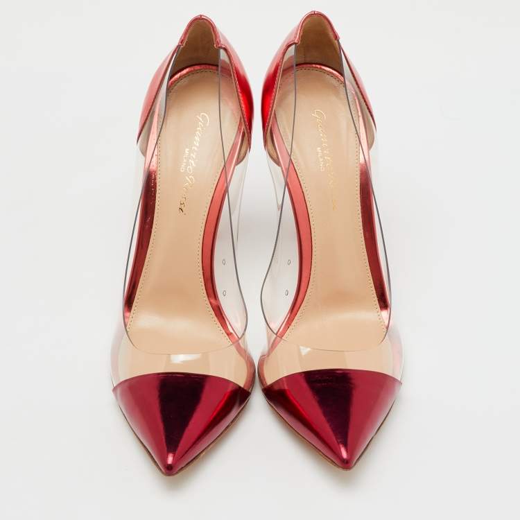 Pre Owned Gianvito Rossi Metallic Burgundy Leather and PVC Plexi Pointed Toe Pumps Size 38.5