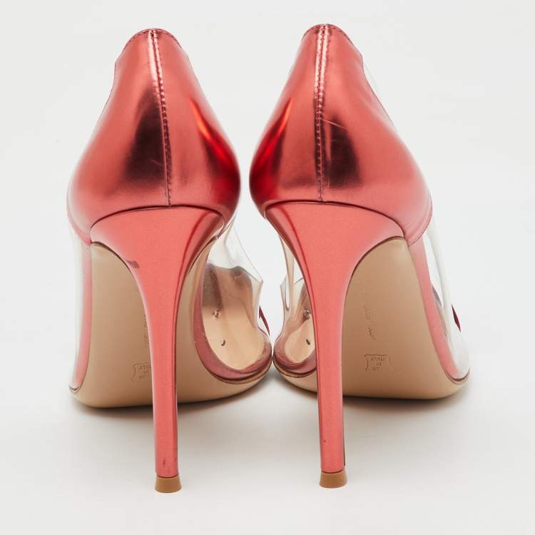Pre Owned Gianvito Rossi Metallic Burgundy Leather and PVC Plexi Pointed Toe Pumps Size 38.5